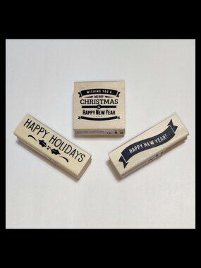 Lot of 3 Wood Stamps by Recollections Merry Christmas Happy Holidays & New Year